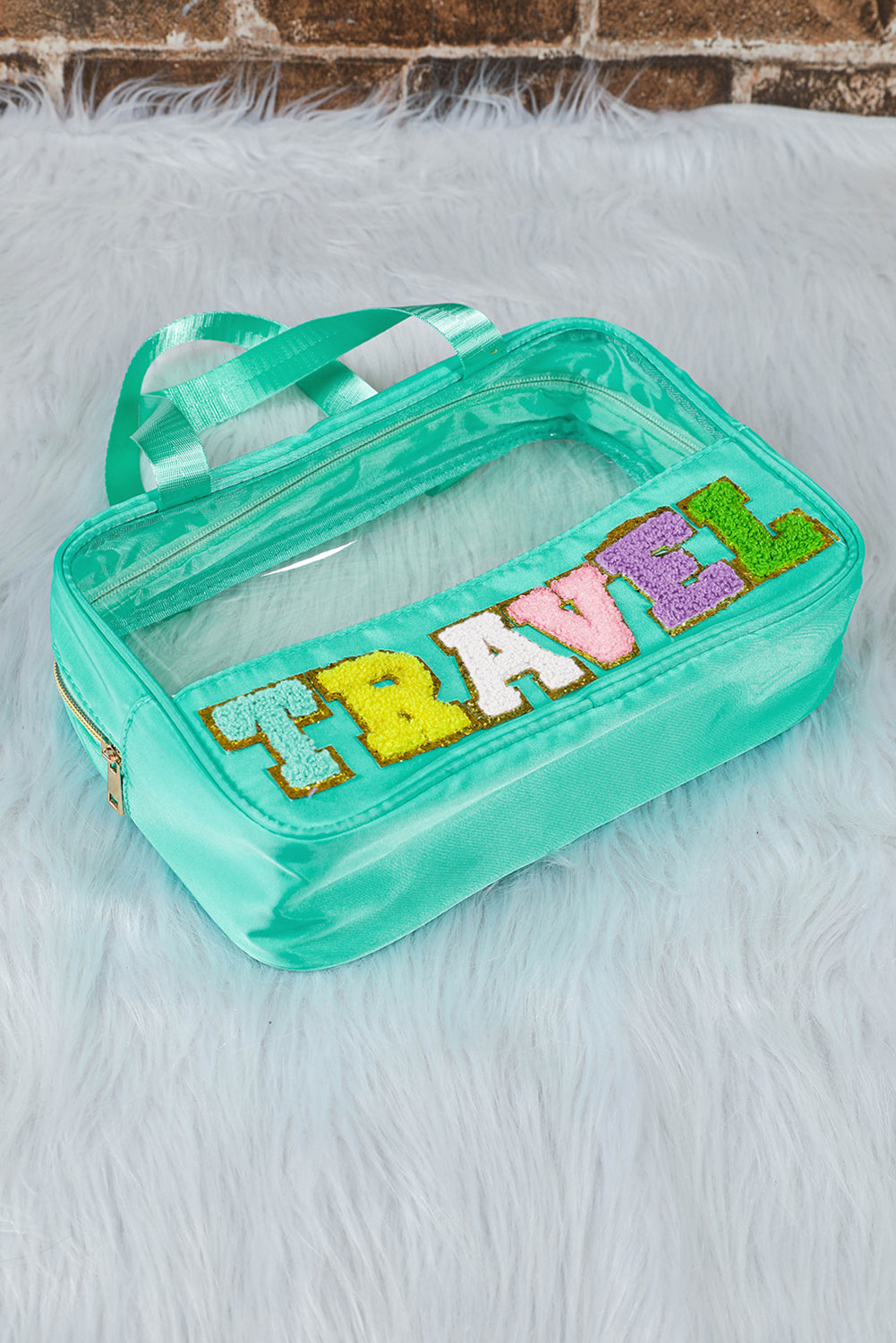Mint Green TRAVEL Chenille Letter Clear PVC Makeup Bag